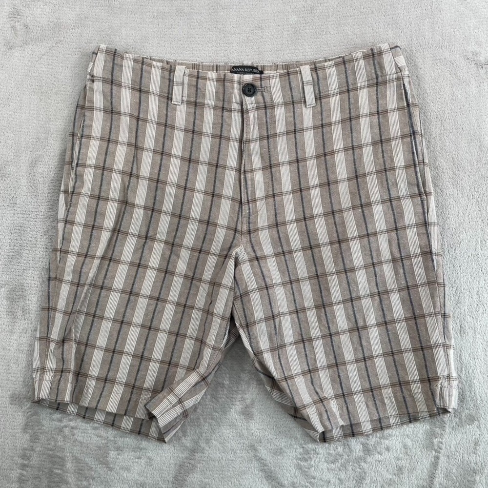 Banana Republic Aiden Shorts in Brown Plaid‎ Linen Blend Drawcord Casual Preppy
